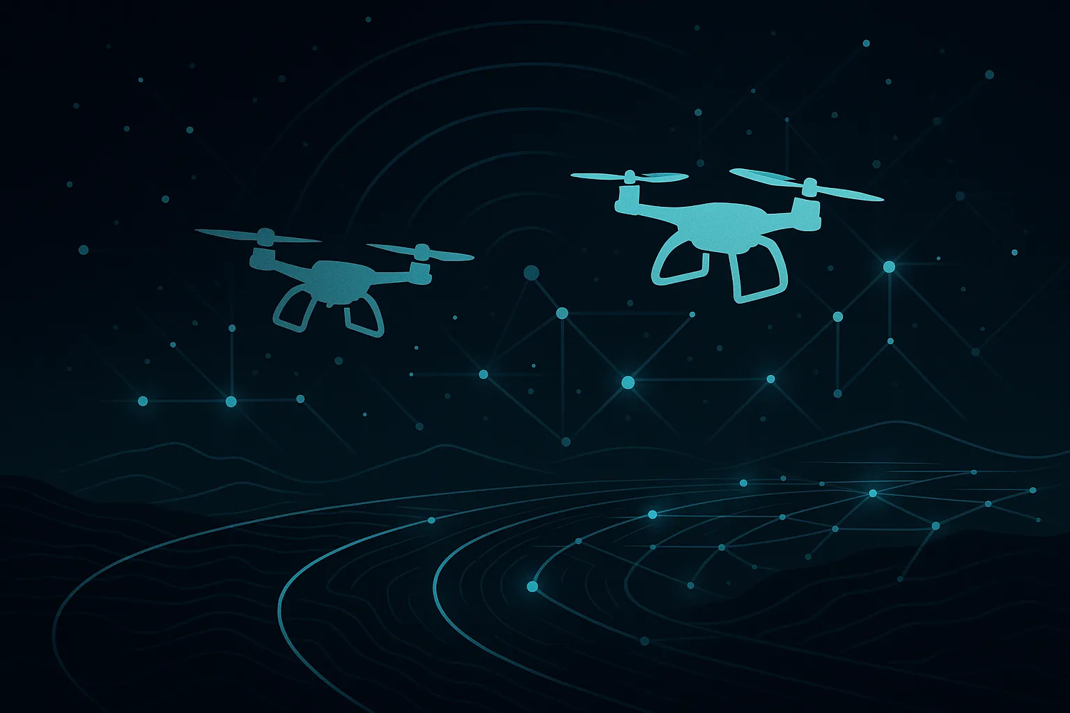Drones flying over a landscape with network nodes